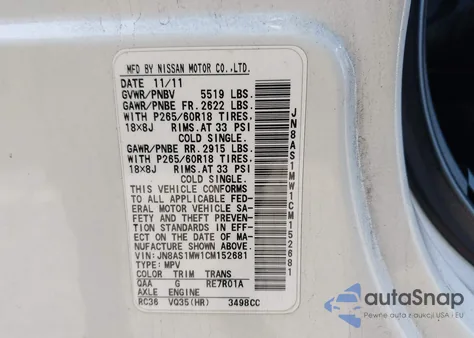 2012 Infiniti Fx35 z USA, uszkodzony, nr VIN JN8AS1MW1CM152681